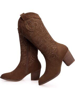 Women's Western Pointed Toe Chunky Heel Suede Embroidered Mid Calf Dark Brown